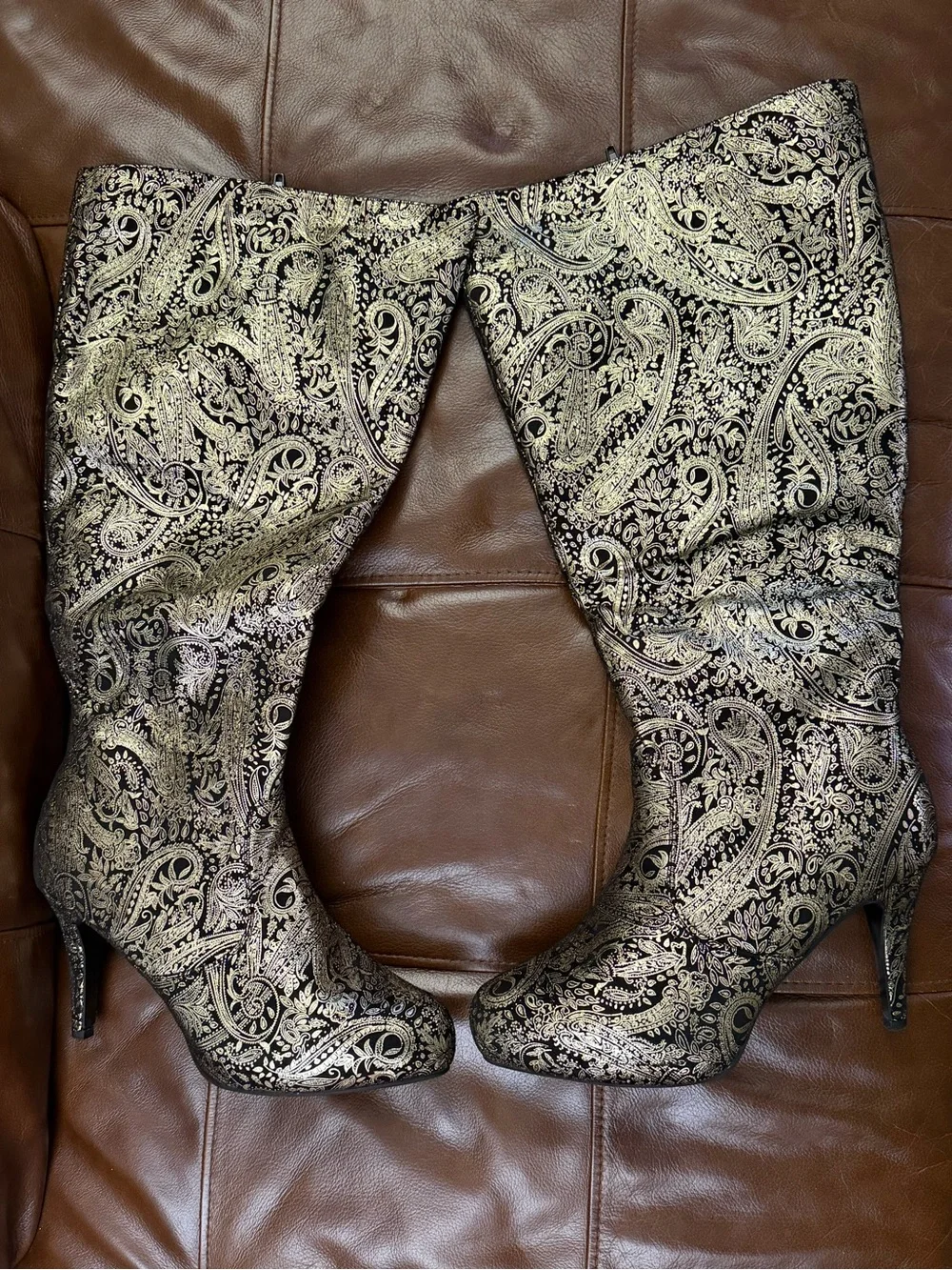Ashley Stewart Black & Gold Paisley Over-the-Knee Stiletto Boots 10W (Wide Calf)